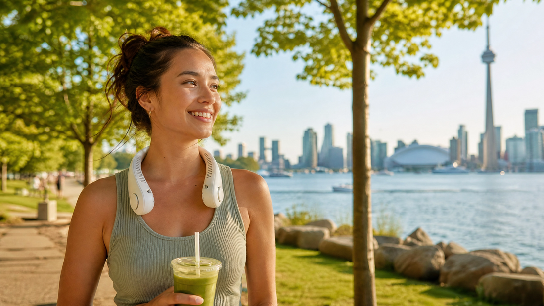 A woman wearing a bladeless neck fan outdoors in Canada during summer 2026