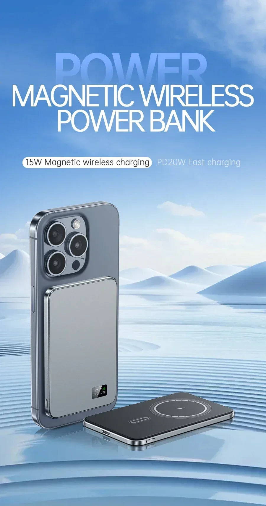 CoolBreeze Slim Magnetic Power Bank — 10,000mAh, Wireless & Fast Charge